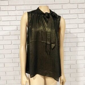 Modcloth Gold Metallic Tie Neck Sleeveless Blouse Shimmer Holiday Party Top